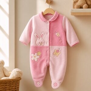 Bright Future Baby Girl Pink Fleece Footed Sleeper Bunny Butterfly 6-9 Months